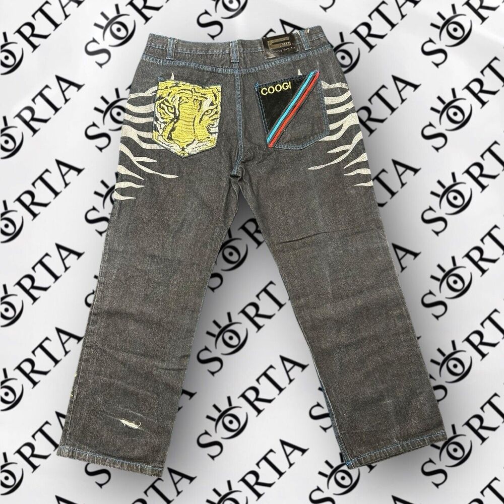 VTG Baggy Y2K Coogi Jeans Embroidered Tiger Silver W40 Hip Hop Rap Skater RARE